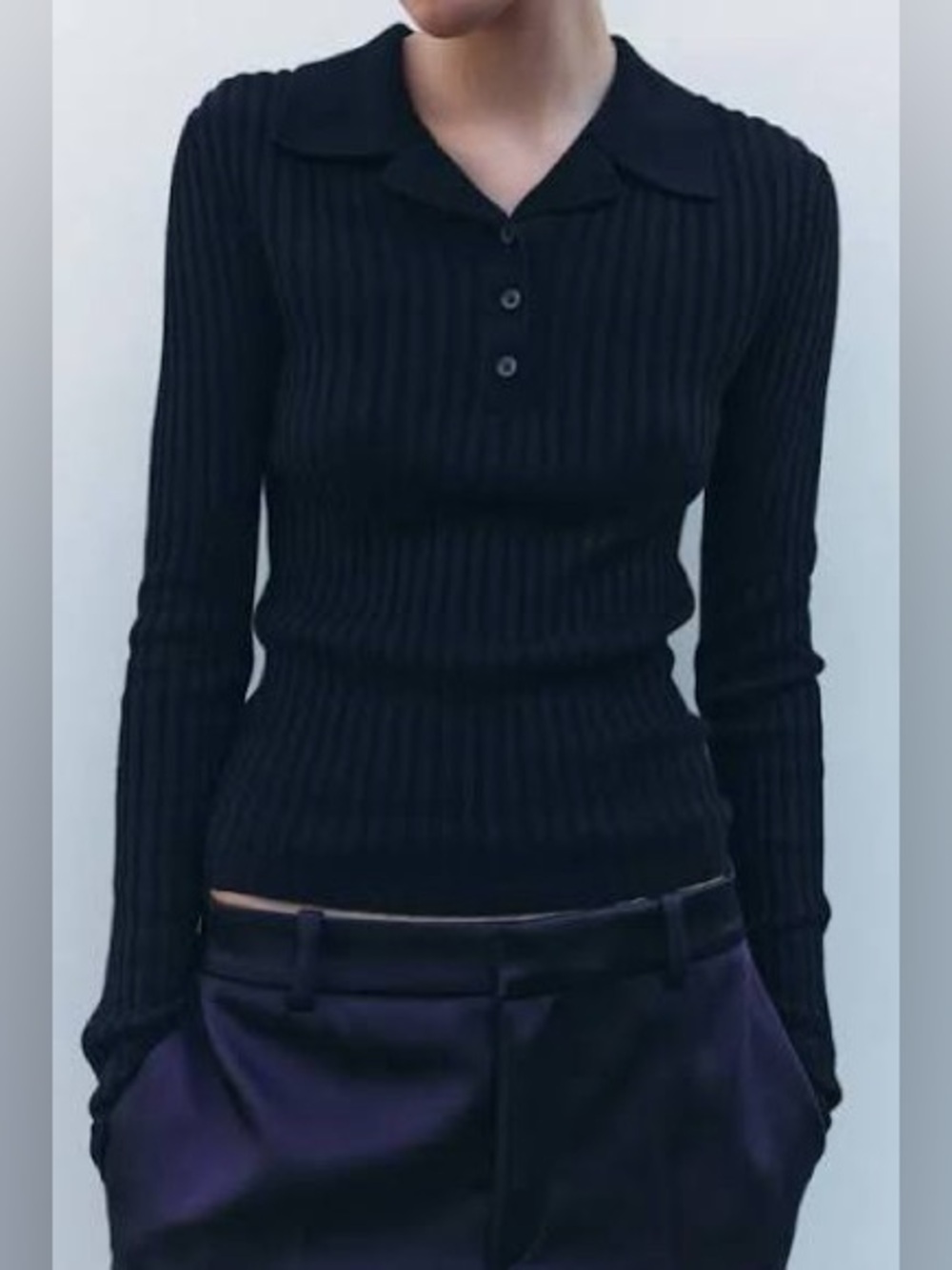 Zara Navy Ribbed V-Neck Polo Sweater